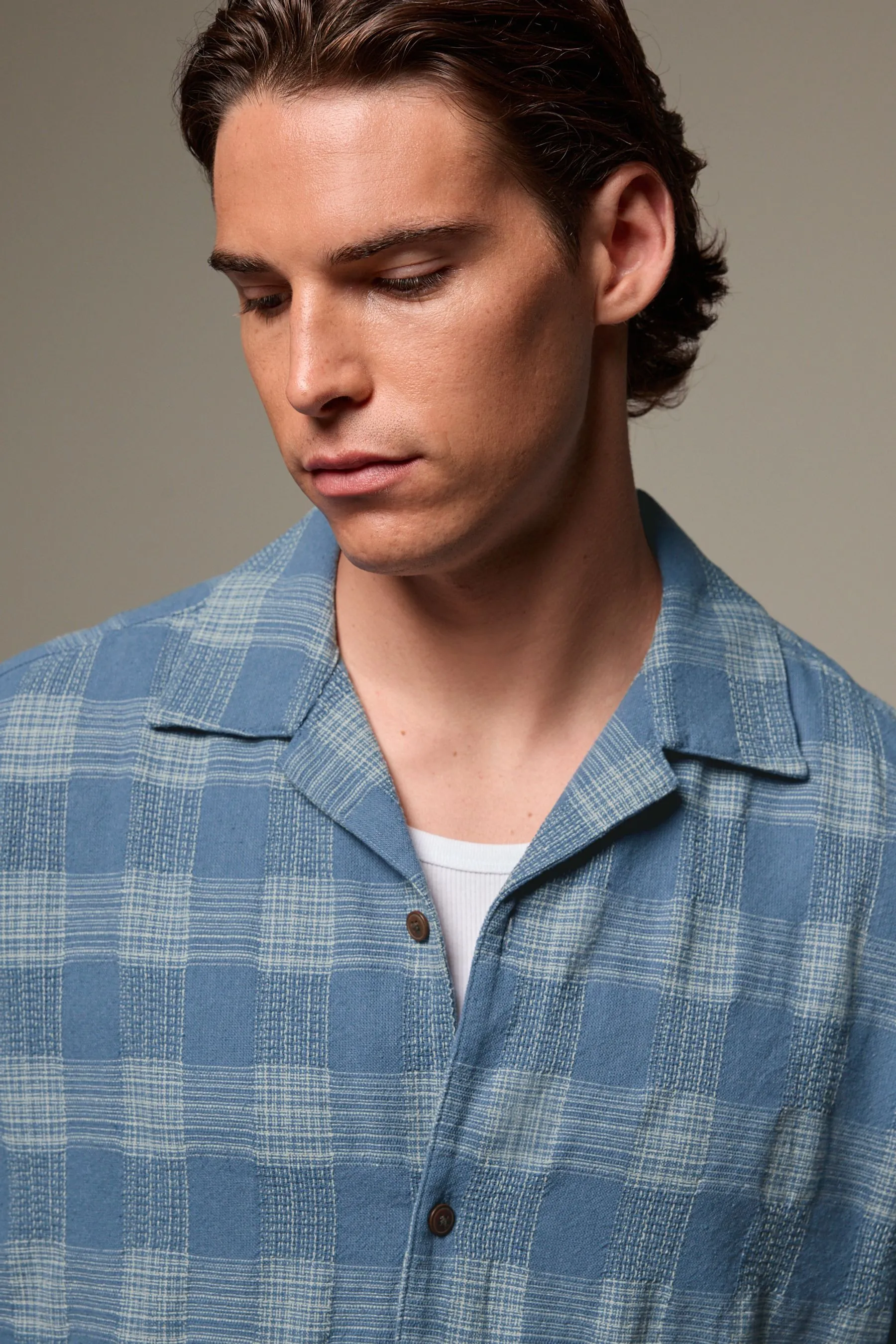 100% Cotone Check Maniche corte Camicia testurizzata con colletto cubano    