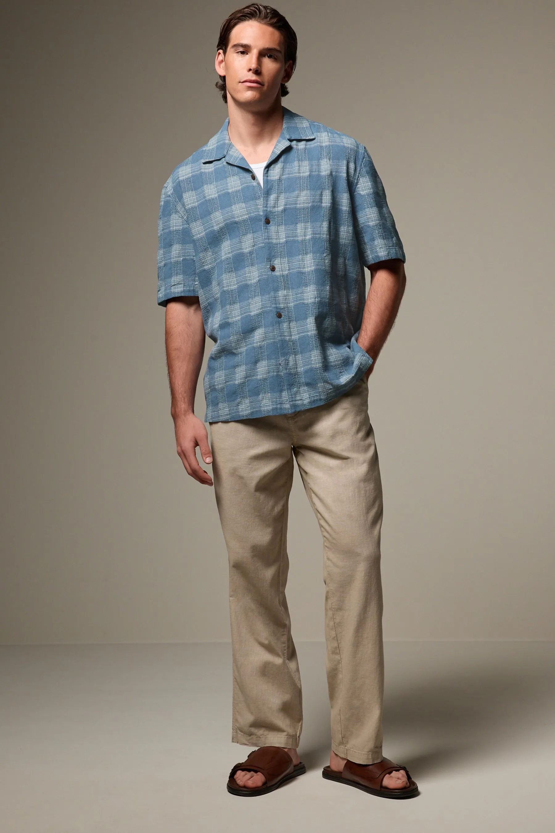 100% Cotone Check Maniche corte Camicia testurizzata con colletto cubano    