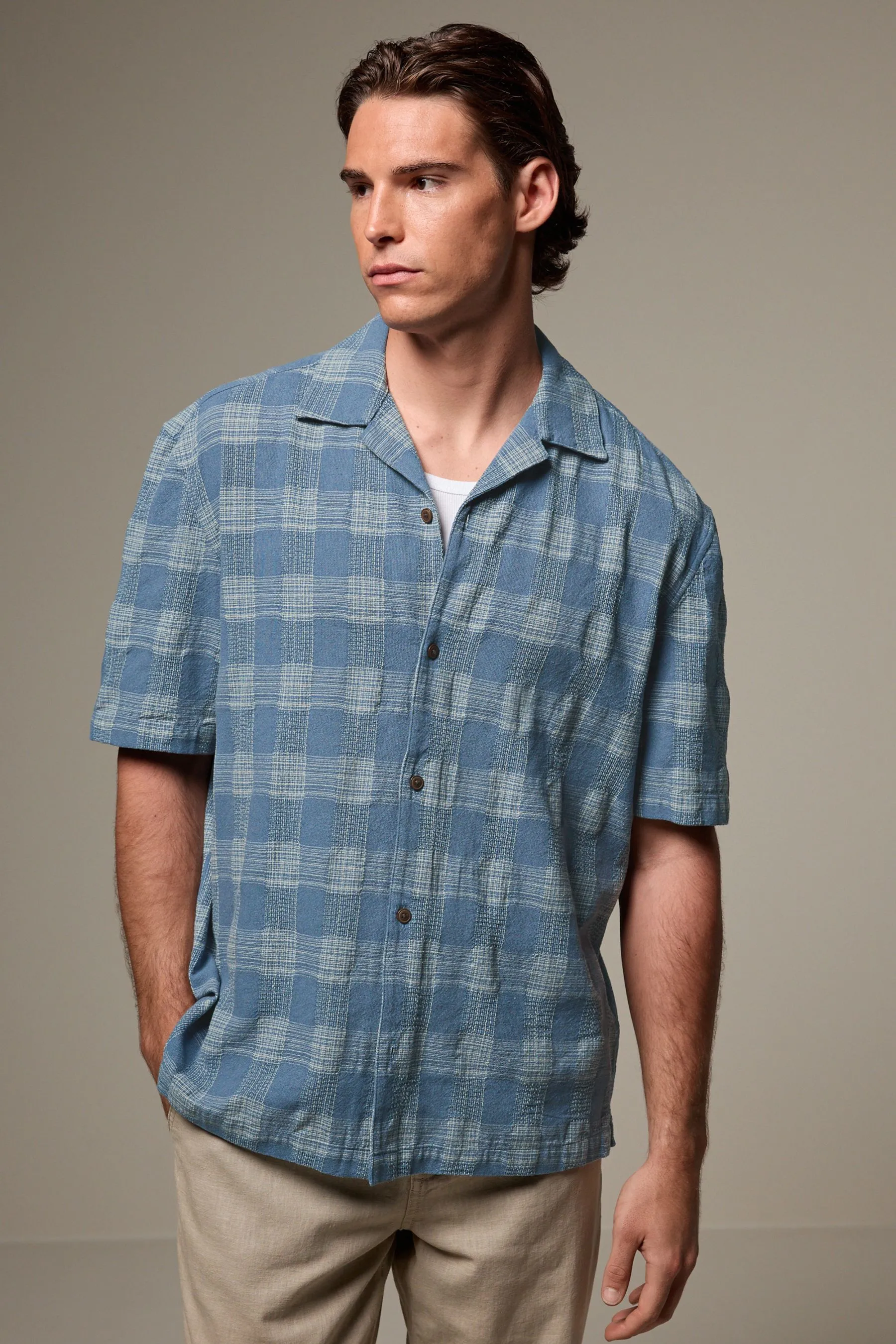 100% Cotone Check Maniche corte Camicia testurizzata con colletto cubano    