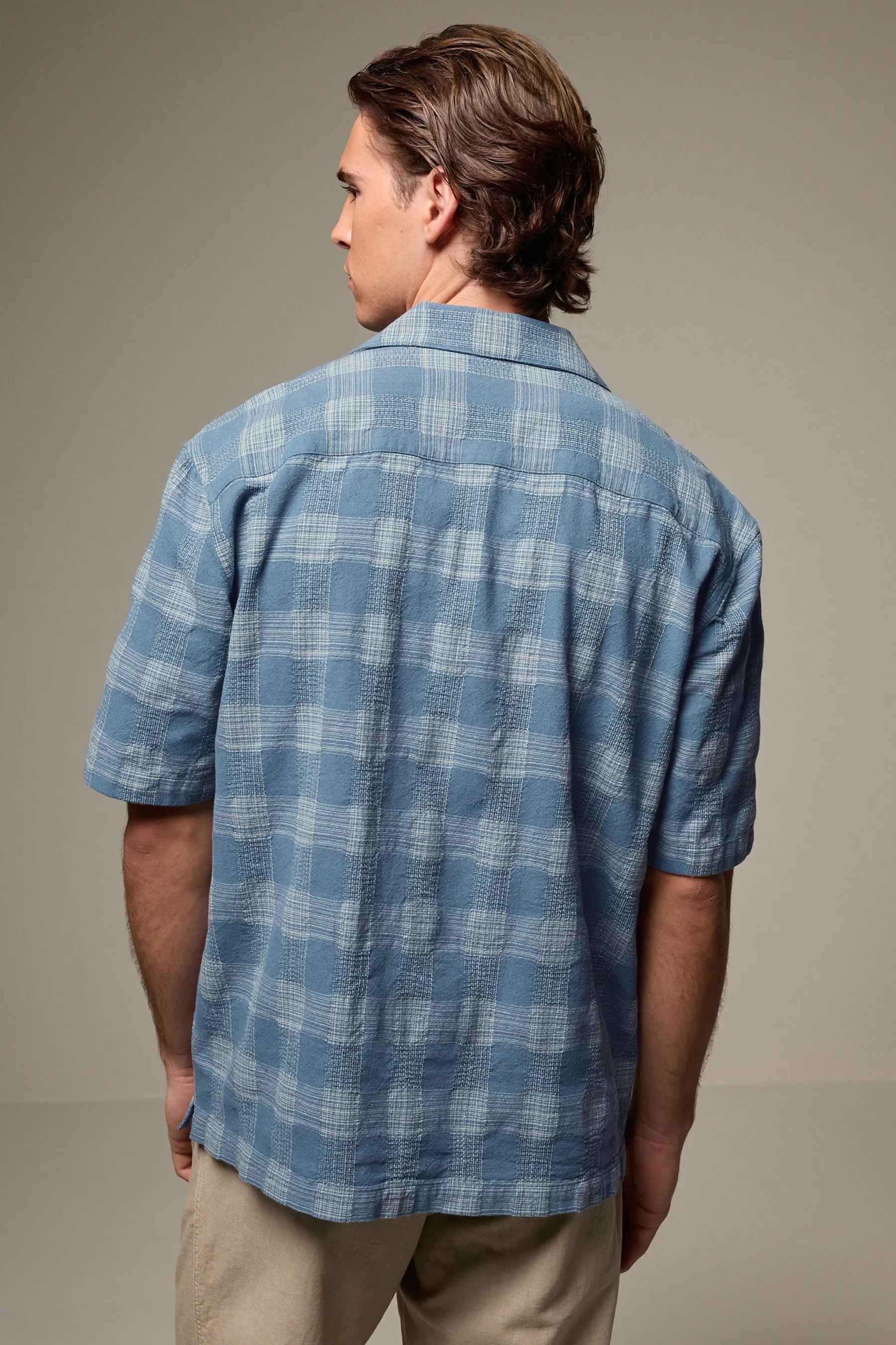 100% Cotone Check Maniche corte Camicia testurizzata con colletto cubano    