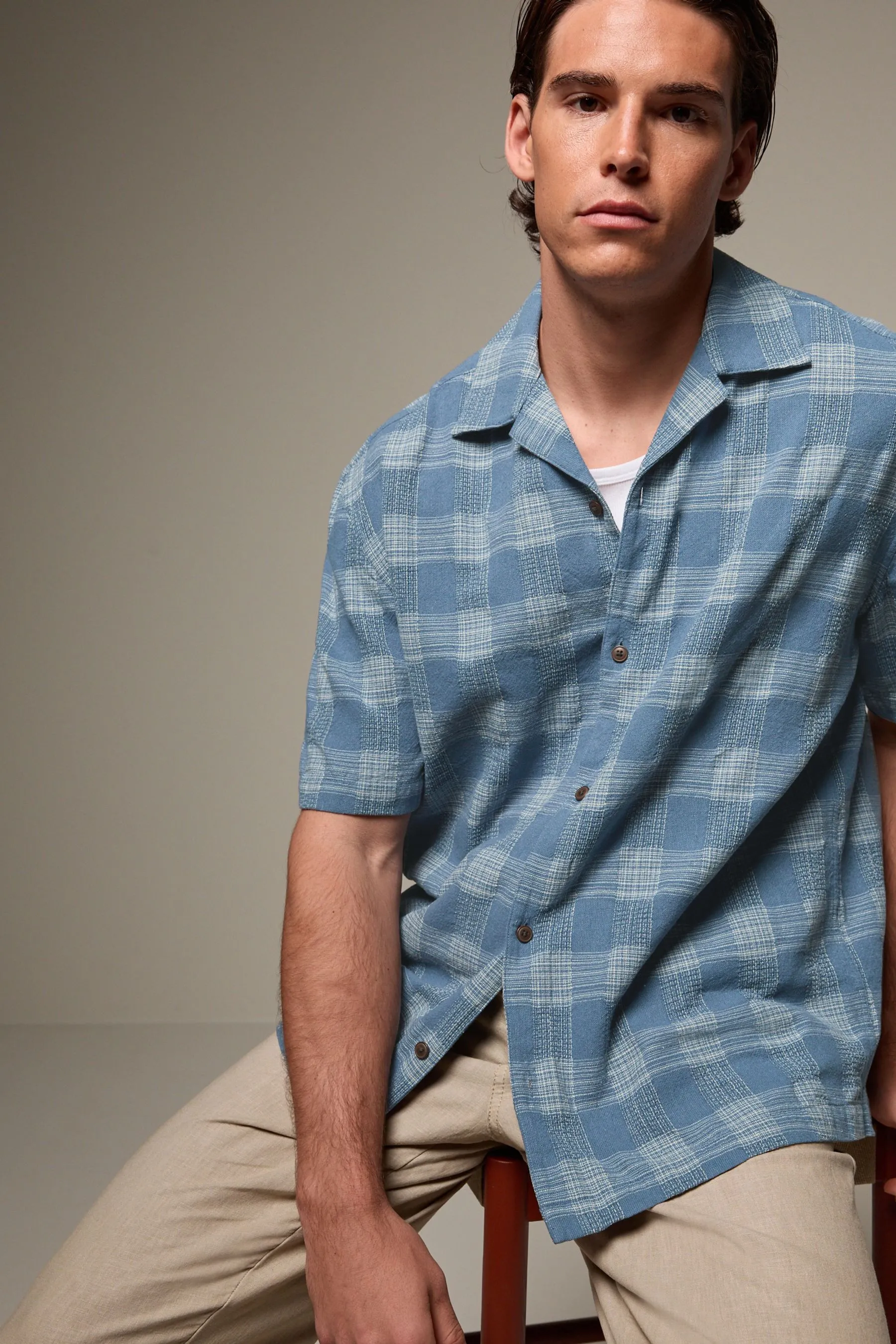 100% Cotone Check Maniche corte Camicia testurizzata con colletto cubano    