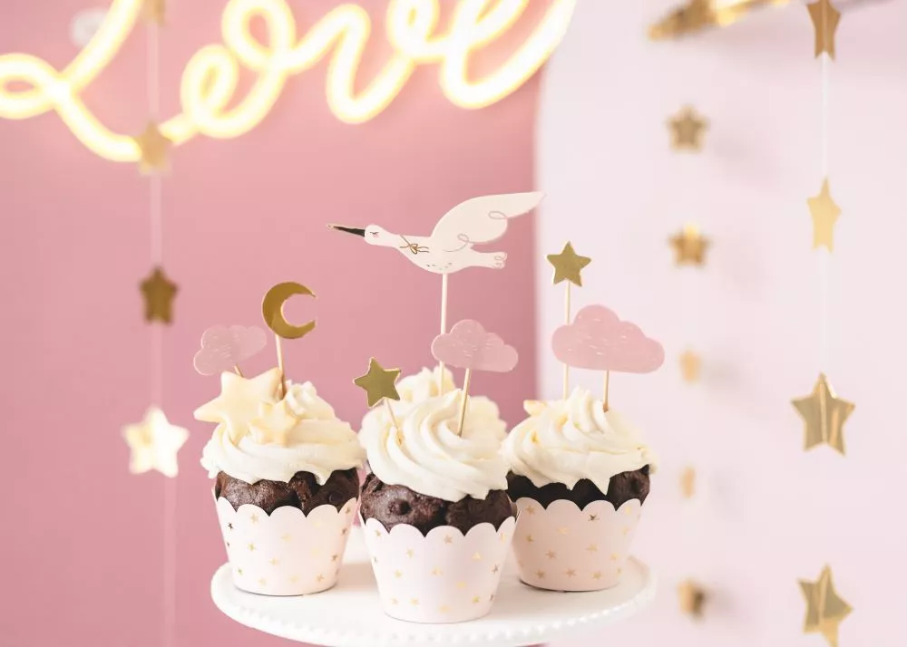 7 stuzzicadenti per muffin con cicogna rosa