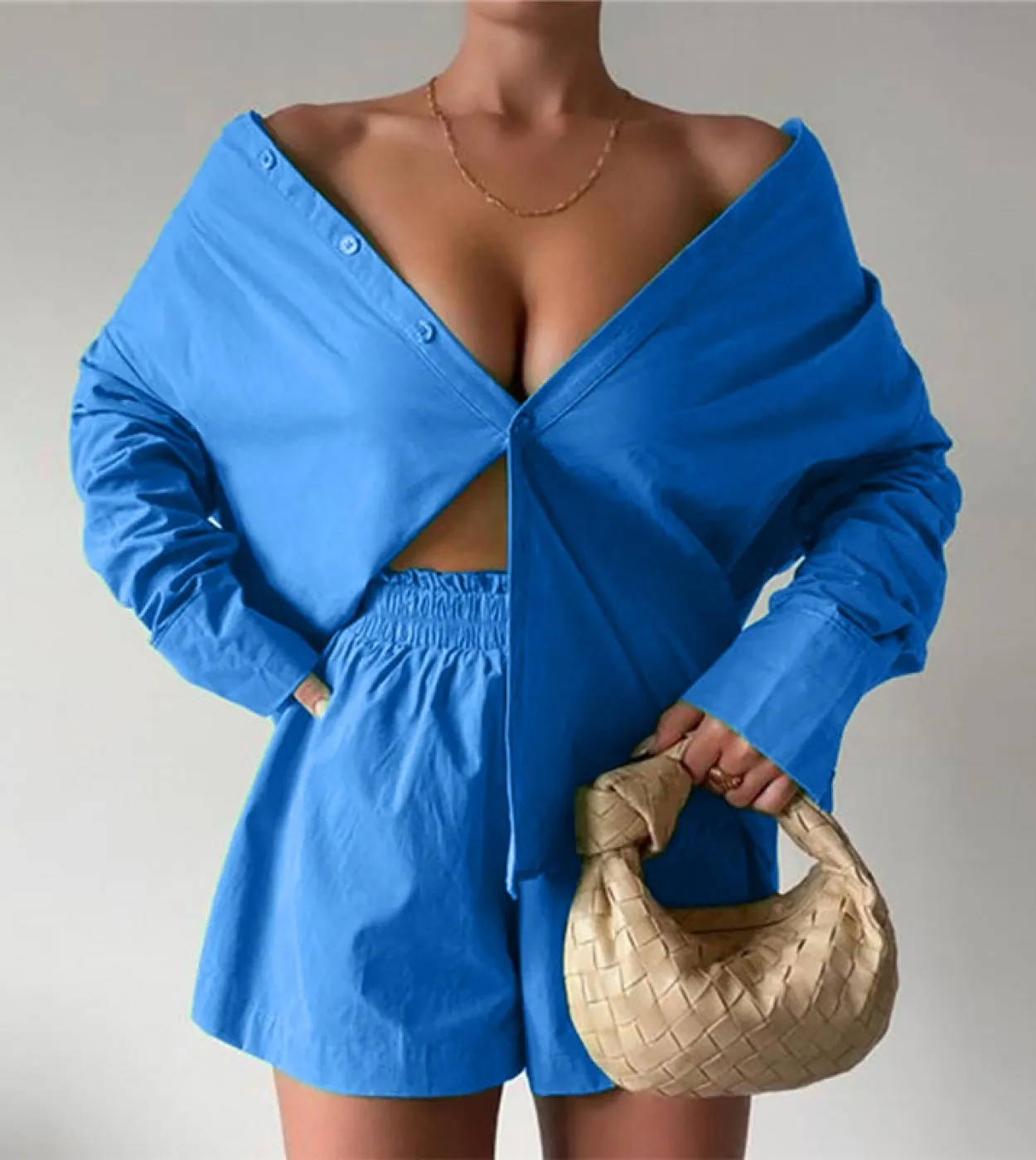 Abiti estivi 2 pezzi per donna Bottoni Camicia casual Abiti da donna Camicia a maniche lunghe moda 2023 e pantaloncini a gamba l