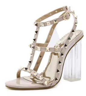 Apricot Studded Chunky Heel Sandals Open Toe Ankle Buckle Strap Transparent Heel Solid Sandal Summer Party Dress Women