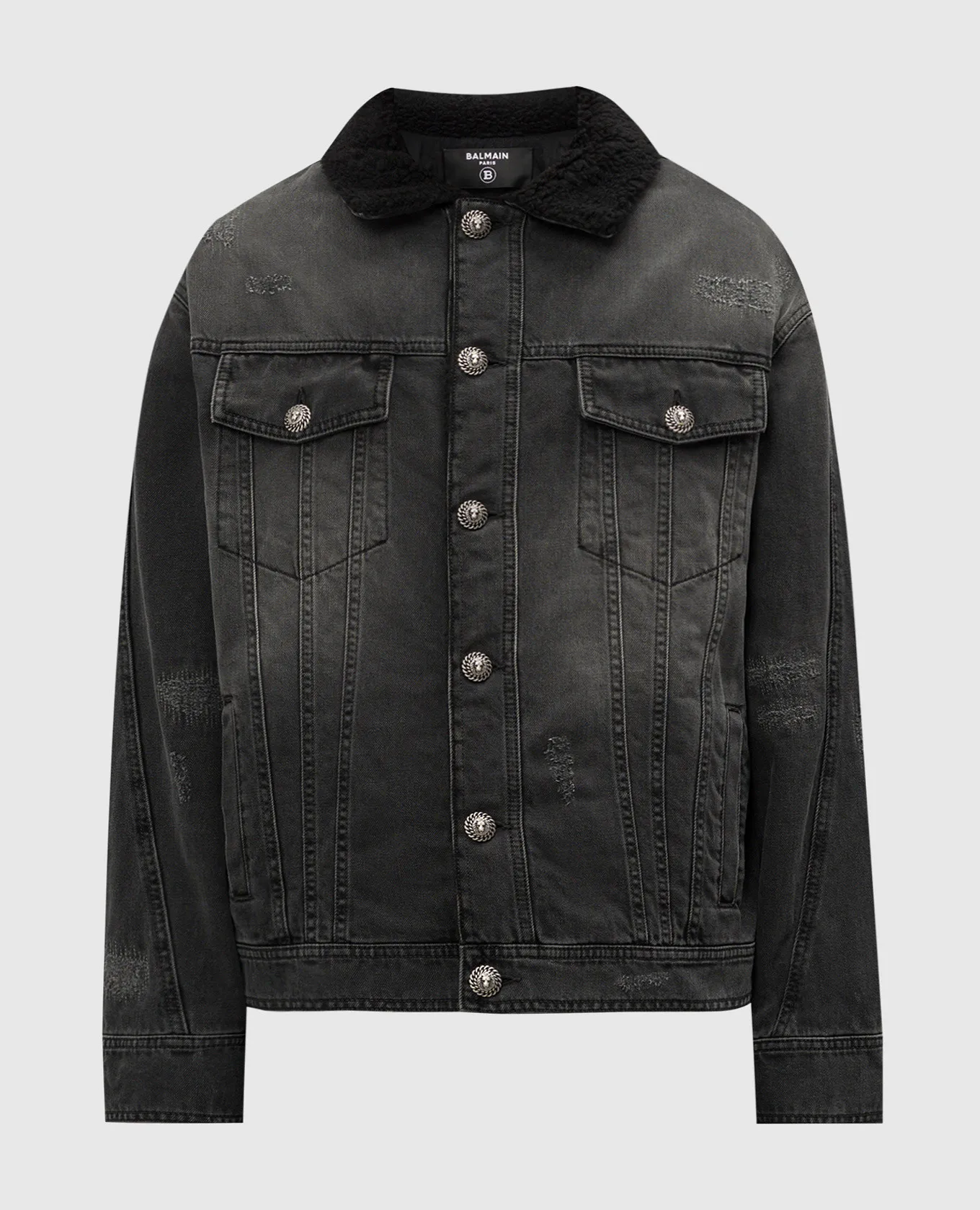 Balmain Giubbotto in denim nero con effetto invecchiato DH1TC315DE68