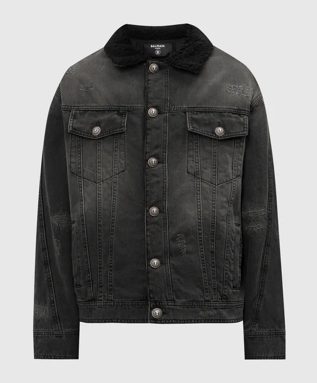 Balmain Giubbotto in denim nero con effetto invecchiato DH1TC315DE68