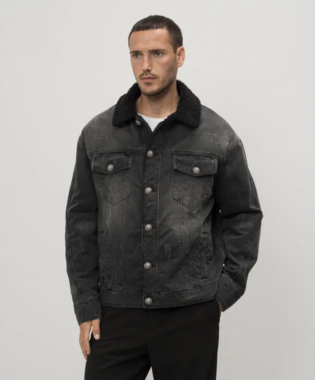 Balmain Giubbotto in denim nero con effetto invecchiato DH1TC315DE68