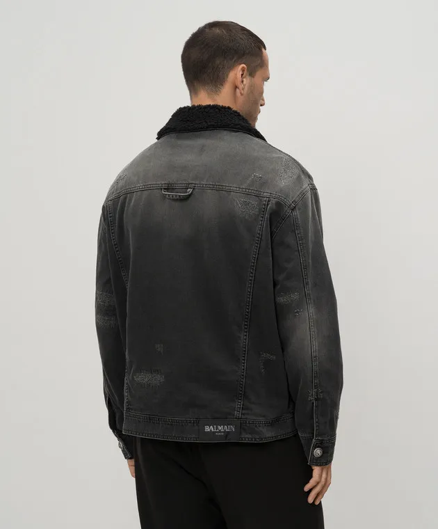 Balmain Giubbotto in denim nero con effetto invecchiato DH1TC315DE68