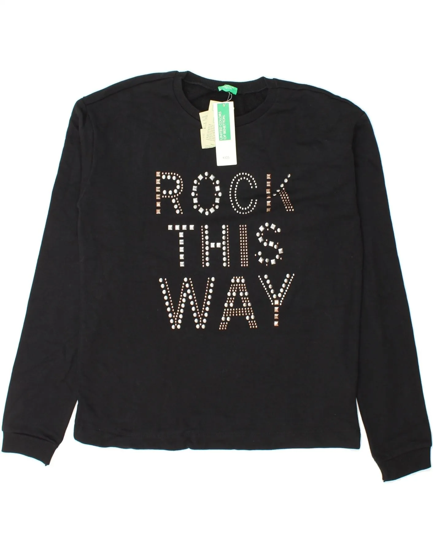 BENETTON Girls Graphic Top Long Sleeve 13-14 Years 3XL Black Cotton