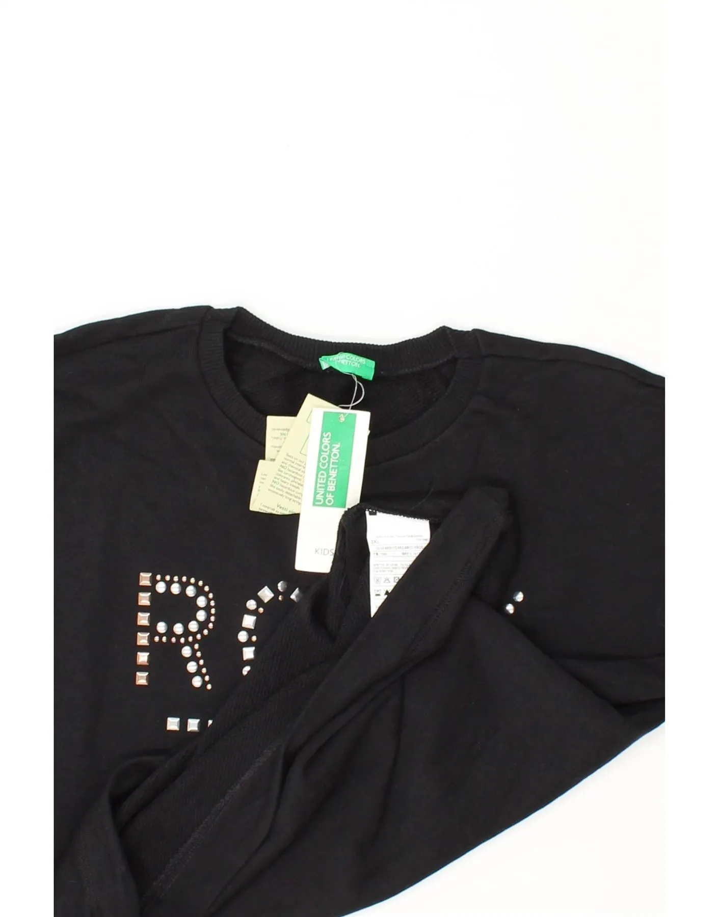 BENETTON Girls Graphic Top Long Sleeve 13-14 Years 3XL Black Cotton