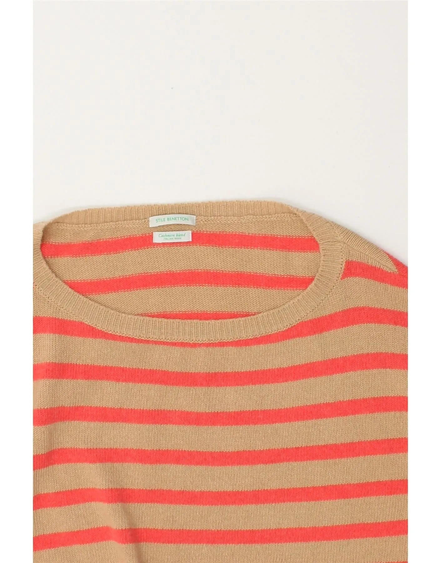 BENETTON Womens Boat Neck Jumper Sweater UK 16 Large Beige Striped