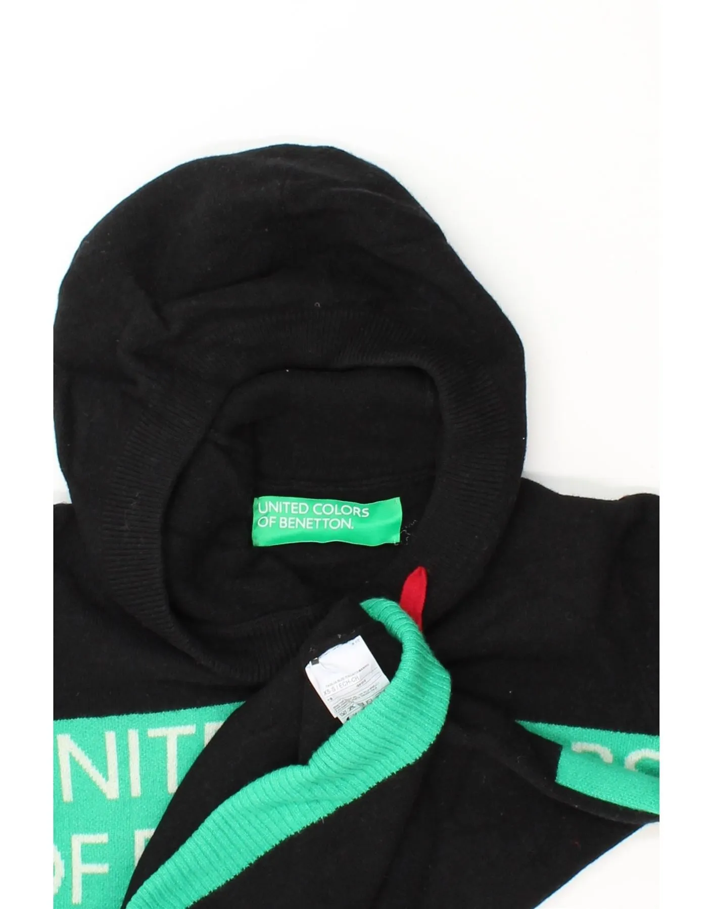 BENETTON Womens Graphic Hooded Jumper Sweater UK 6 XS Black Colourblock