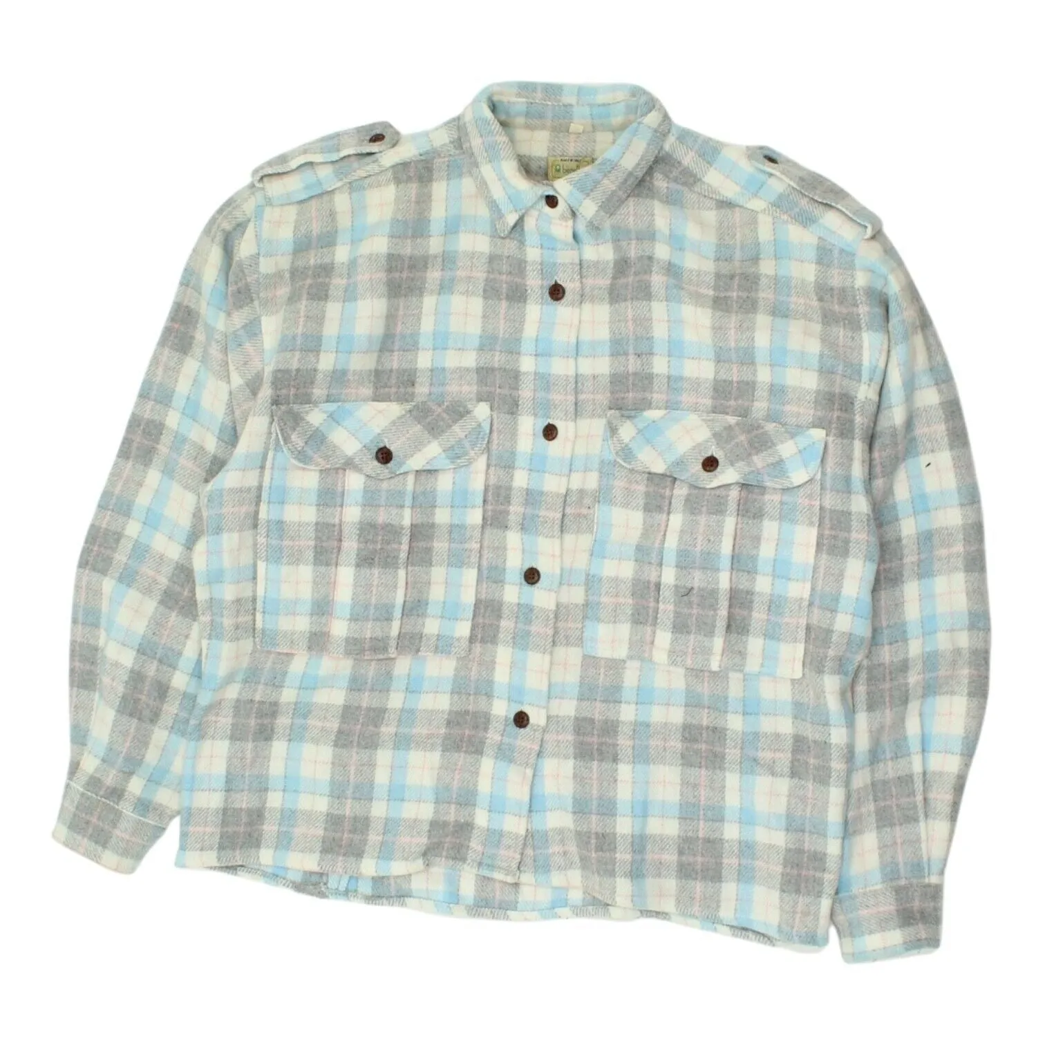 Benetton Womens Grey Blue Acrylic Button Up Check Shirt | Vintage Designer VTG