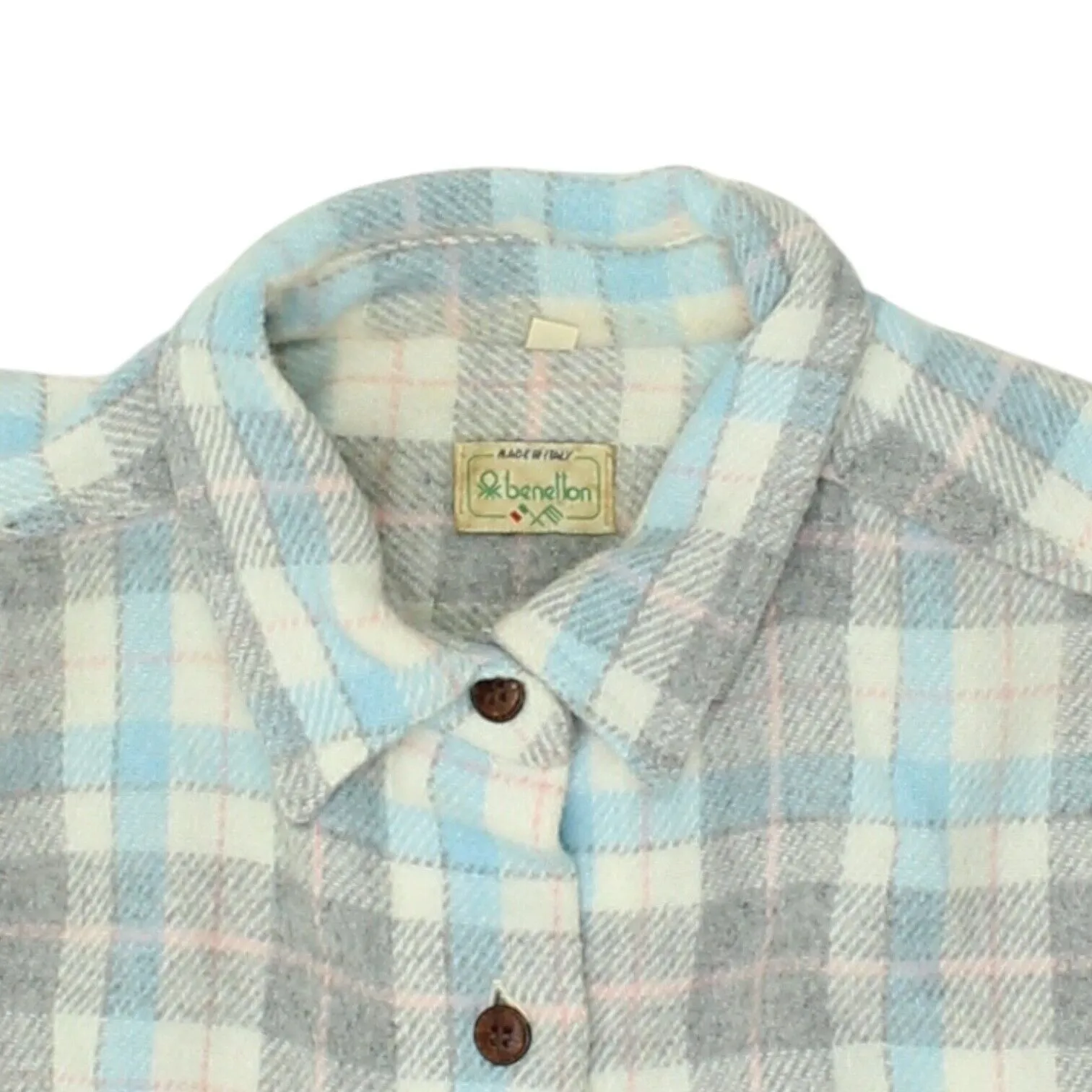 Benetton Womens Grey Blue Acrylic Button Up Check Shirt | Vintage Designer VTG
