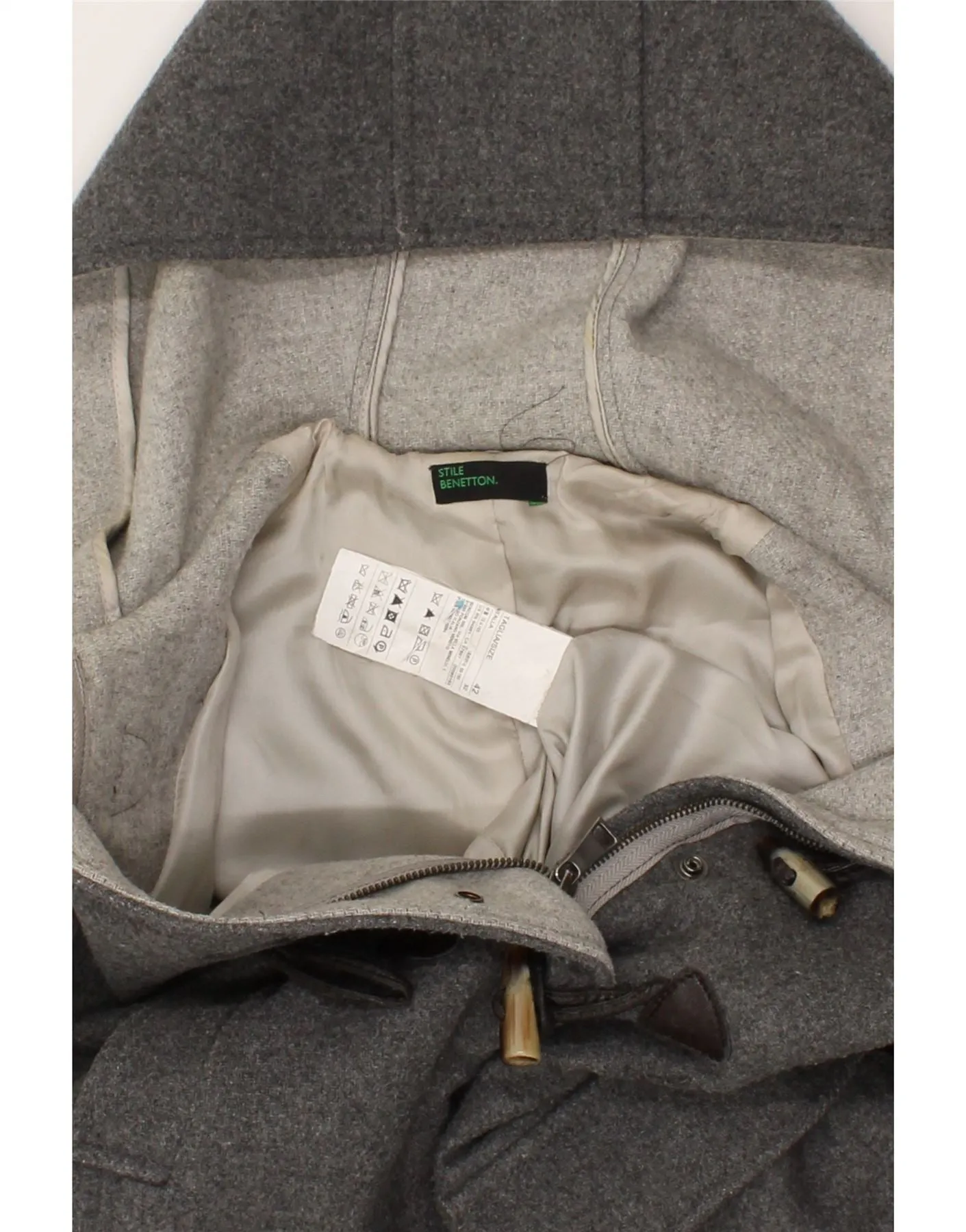 BENETTON Womens Hooded Duffle Coat IT 42 Medium Grey Wool