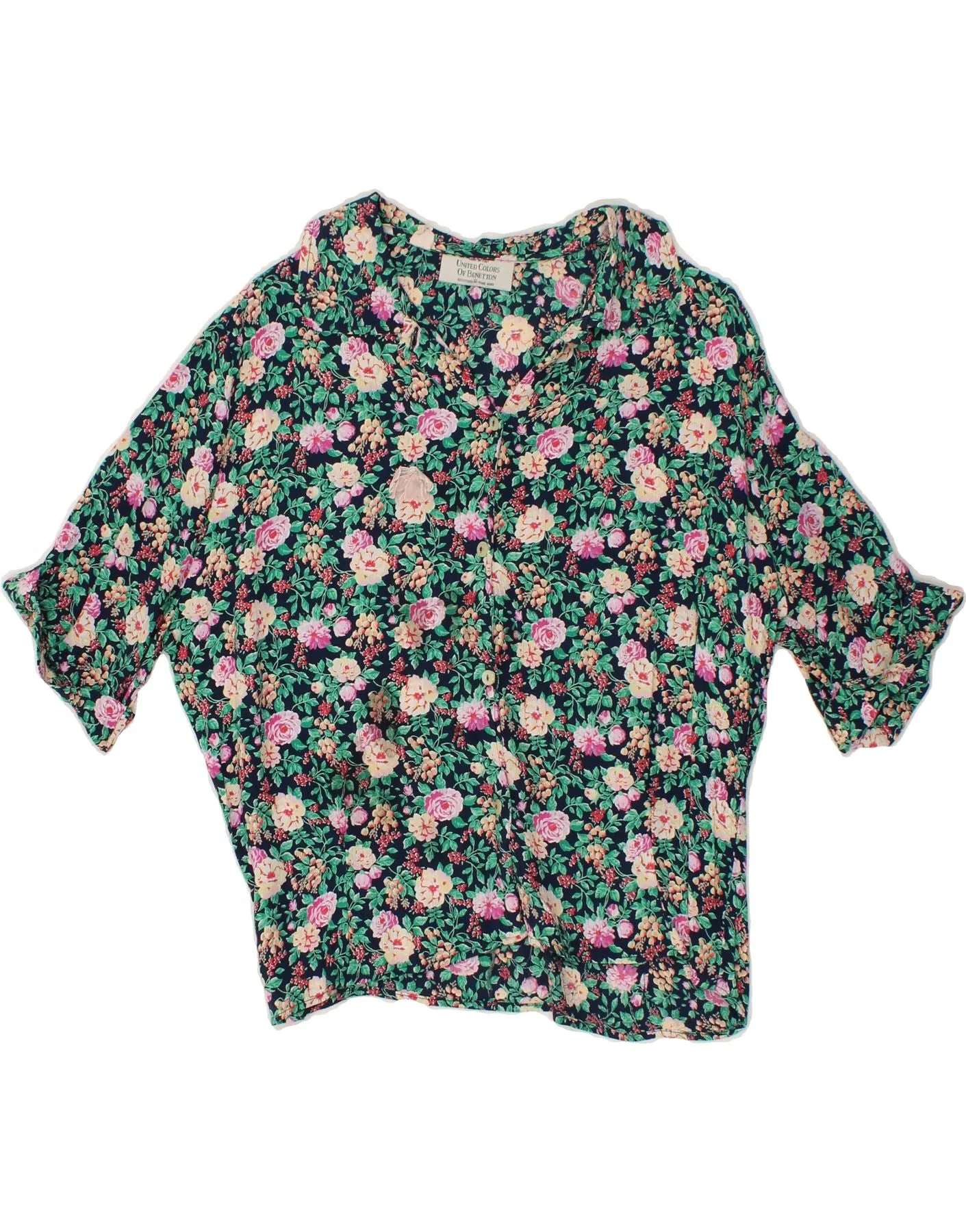 BENETTON Womens Short Sleeve Shirt Blouse UK 16 Large Multicoloured Floral