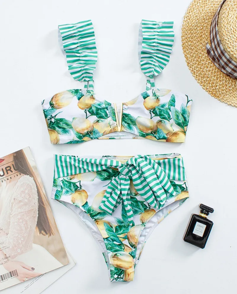 Bikini a due pezzi da donna floreale 2022 con reggiseno imbottito push-up con volant