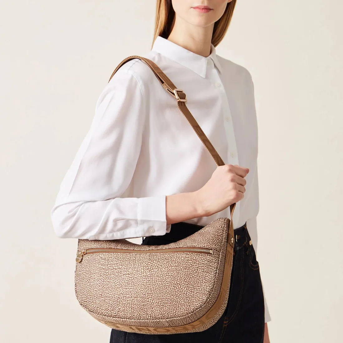 Borsa piccola Borbonese Luna Bag beige e marrone in nylon OP riciclato