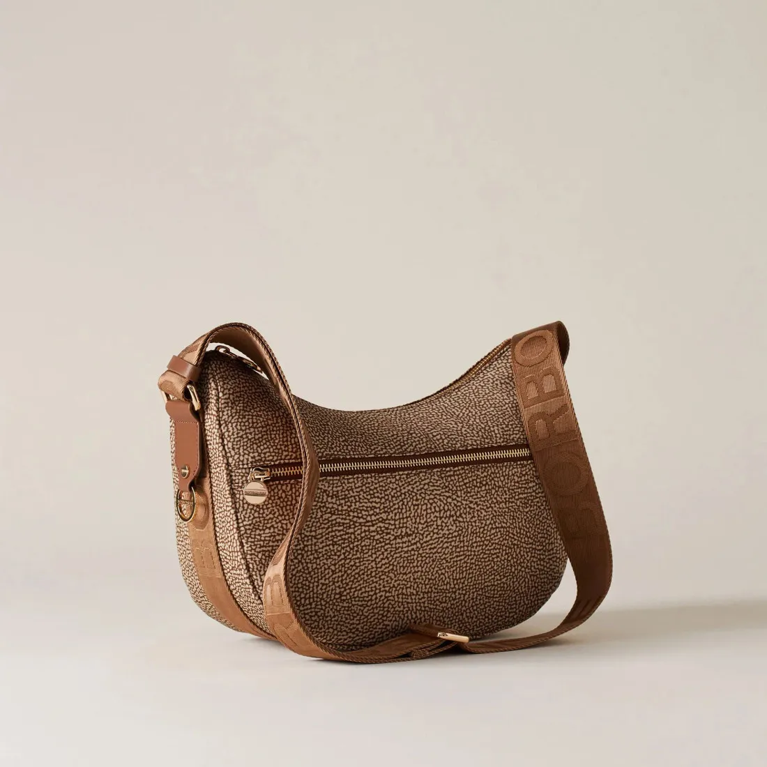 Borsa piccola Borbonese Luna Bag beige e marrone in nylon OP riciclato