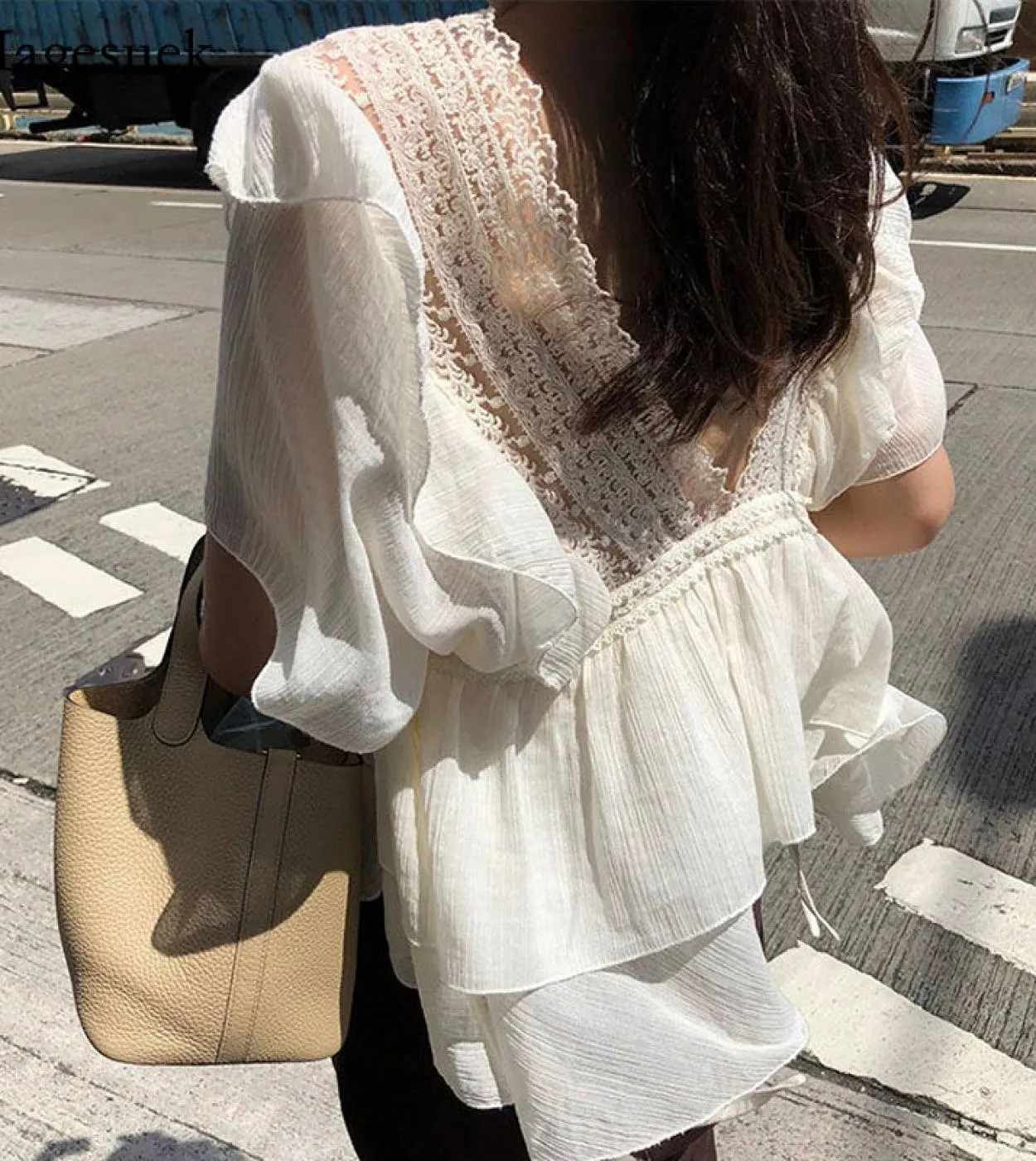Camicette e camicia in chiffon con scollo a V grande estivo Camicetta in pizzo allentato con cuciture arricciate Top a maniche c