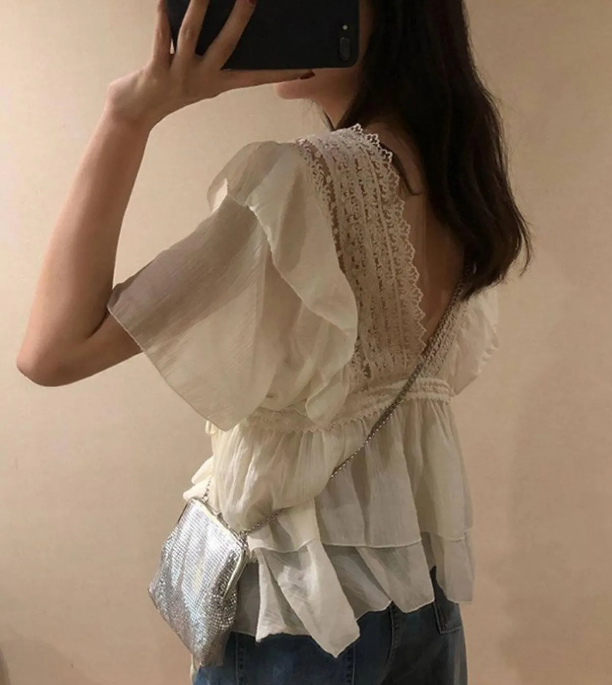 Camicette e camicia in chiffon con scollo a V grande estivo Camicetta in pizzo allentato con cuciture arricciate Top a maniche c