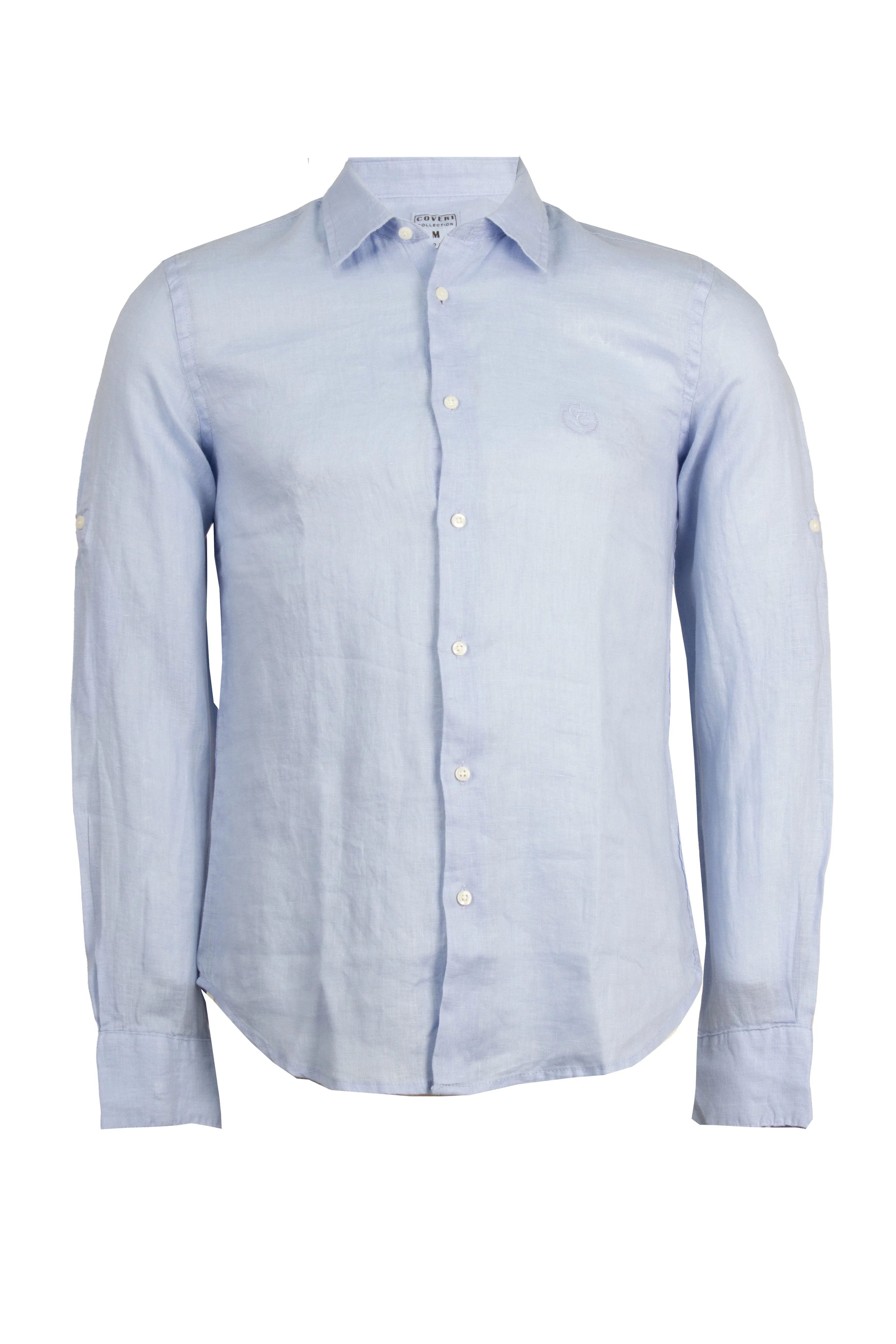 Camicia collo classico in puro lino colore celeste con logo ricamato sul cuore