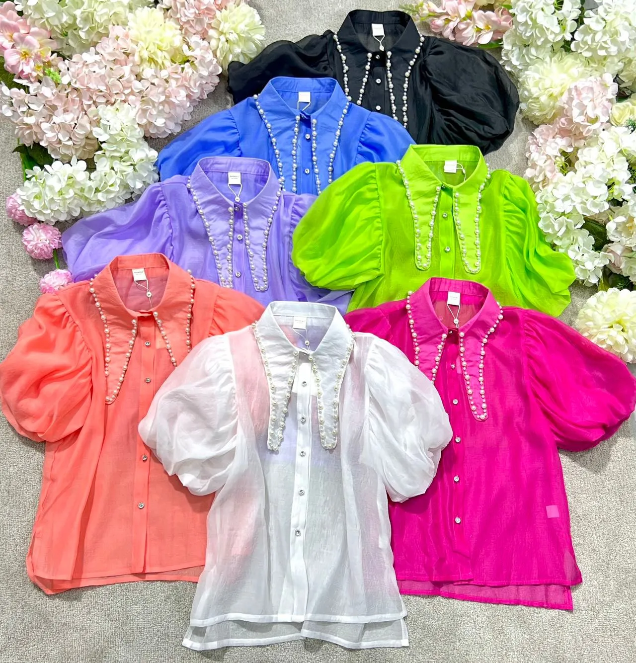 Camicia Donna Colletto Perle Strass Bottoni Mezza Manica Sbuffo Tulle Casual Elegante