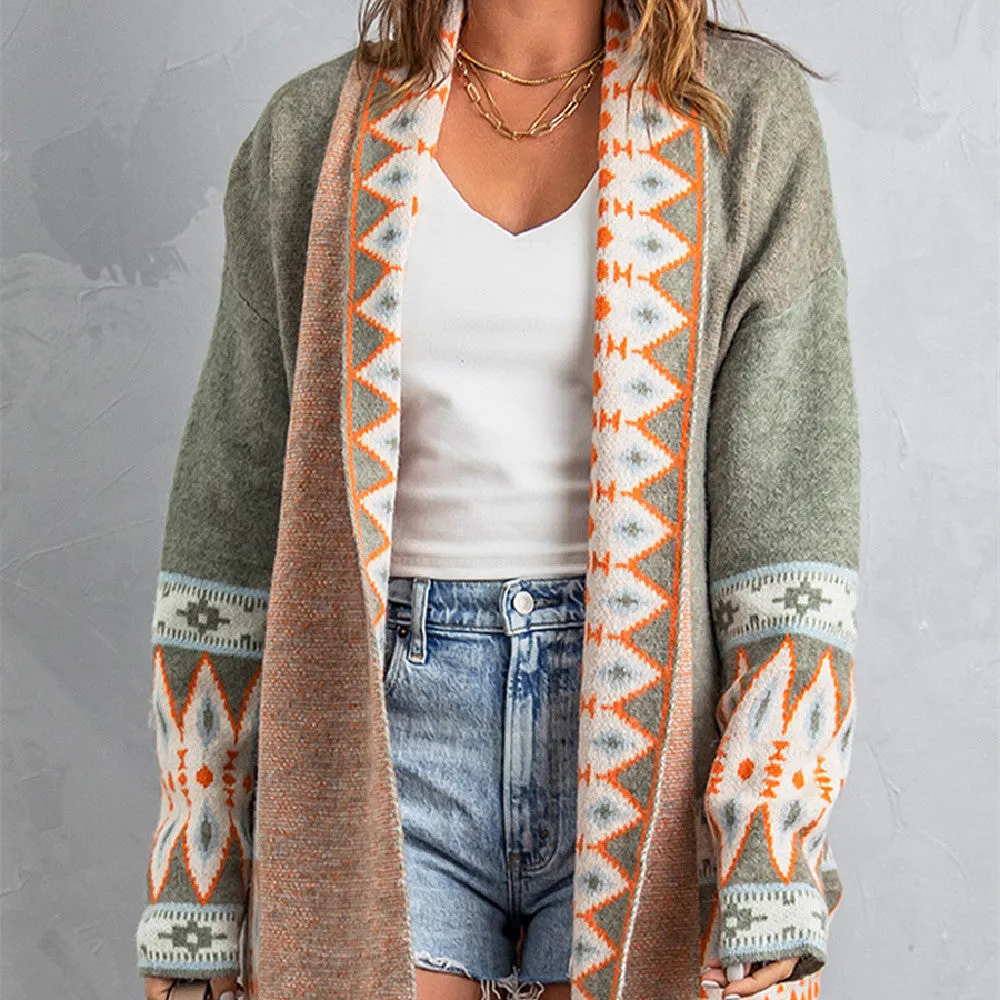 Cappotto maglione pattern azteco media lunghezza da donna