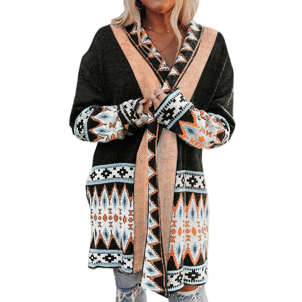 Cappotto maglione pattern azteco media lunghezza da donna