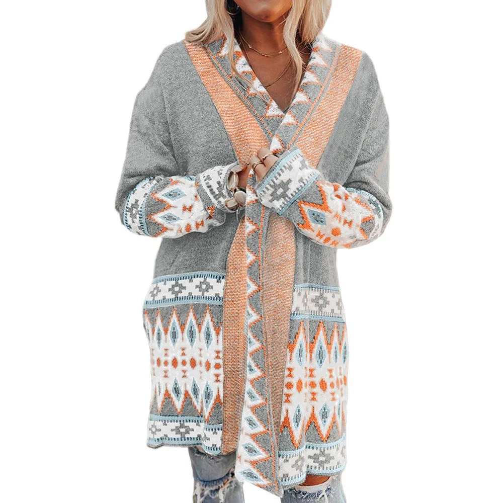 Cappotto maglione pattern azteco media lunghezza da donna
