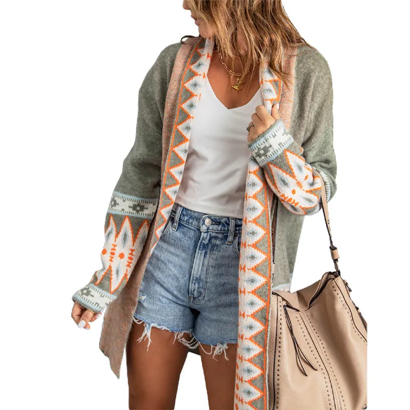 Cappotto maglione pattern azteco media lunghezza da donna