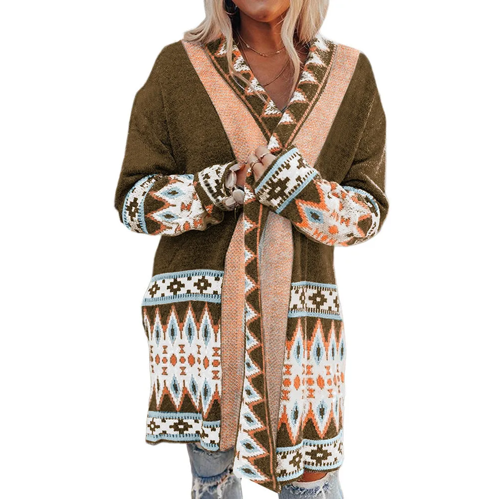Cappotto maglione pattern azteco media lunghezza da donna