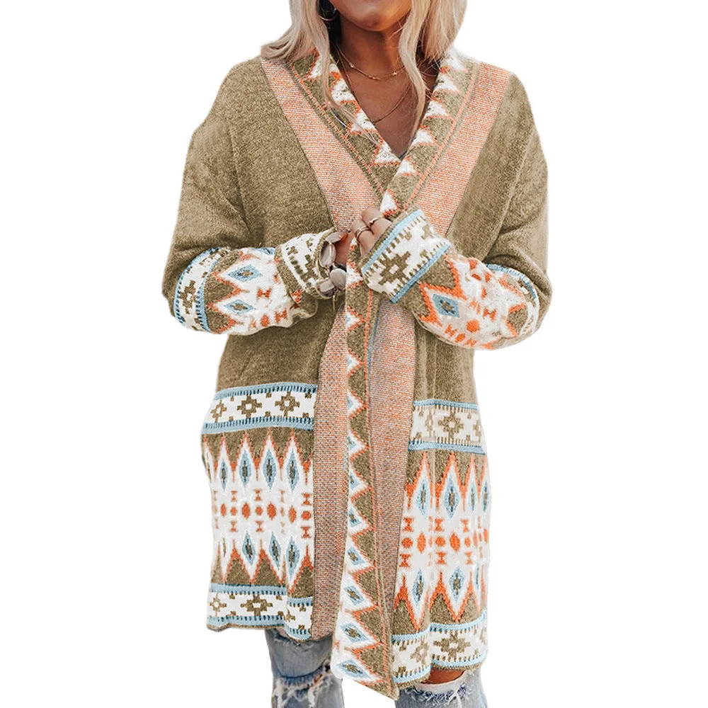 Cappotto maglione pattern azteco media lunghezza da donna