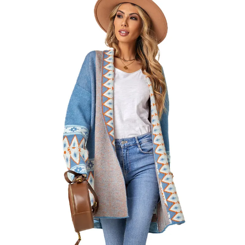 Cappotto maglione pattern azteco media lunghezza da donna