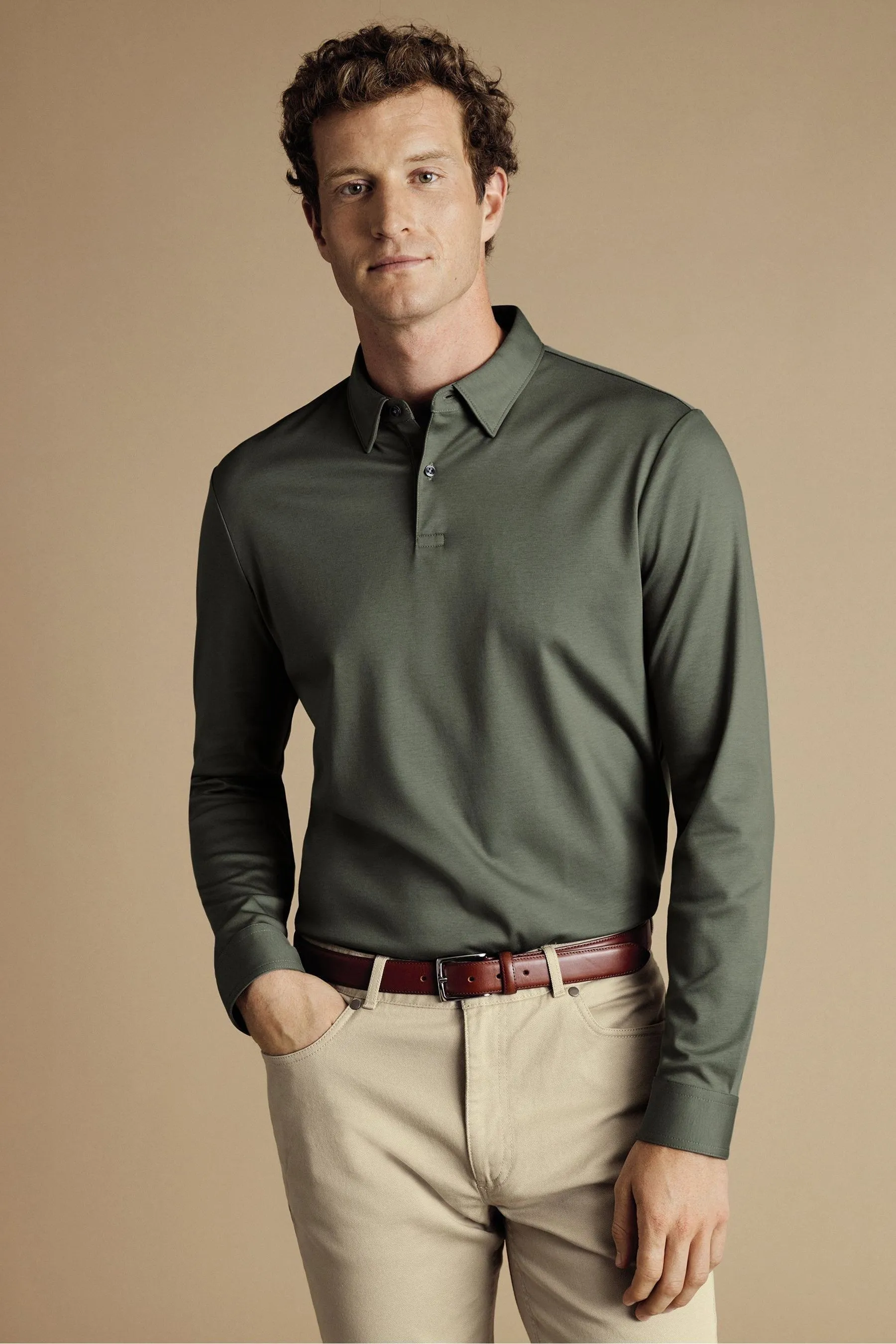 Charles Tyrwhitt 100% Cotton Plain Long Sleeve Jersey Polo Shirt    
