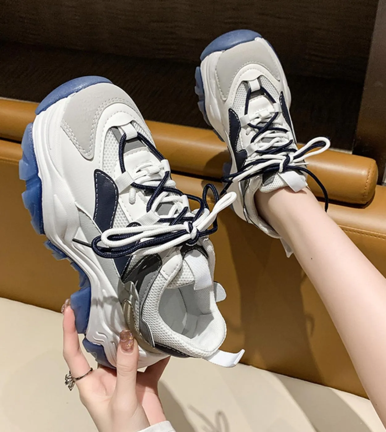 Chunky Sneakers Women Synthetic Leather Mesh Mixed Colors Lace Up Platform Ladies Vulcanized Shoes Handmade 2022