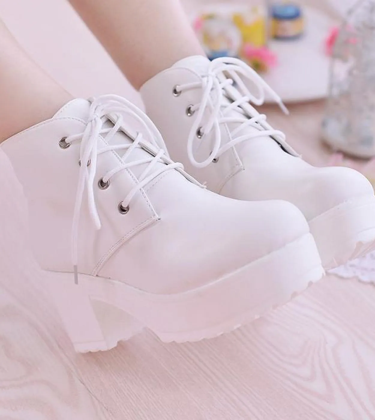 Comemore Ankle Rubber Boots For Women Platform Shoes Lace Up Pu Leater Shoes White Black Chunky Heels Shoe Woman Gothic