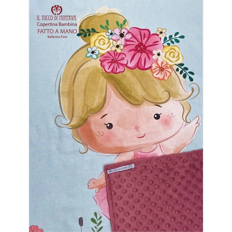 Copertina Bambina in Pile rosa antico e Cotone Ballerina Fiori - Fatto a Mano