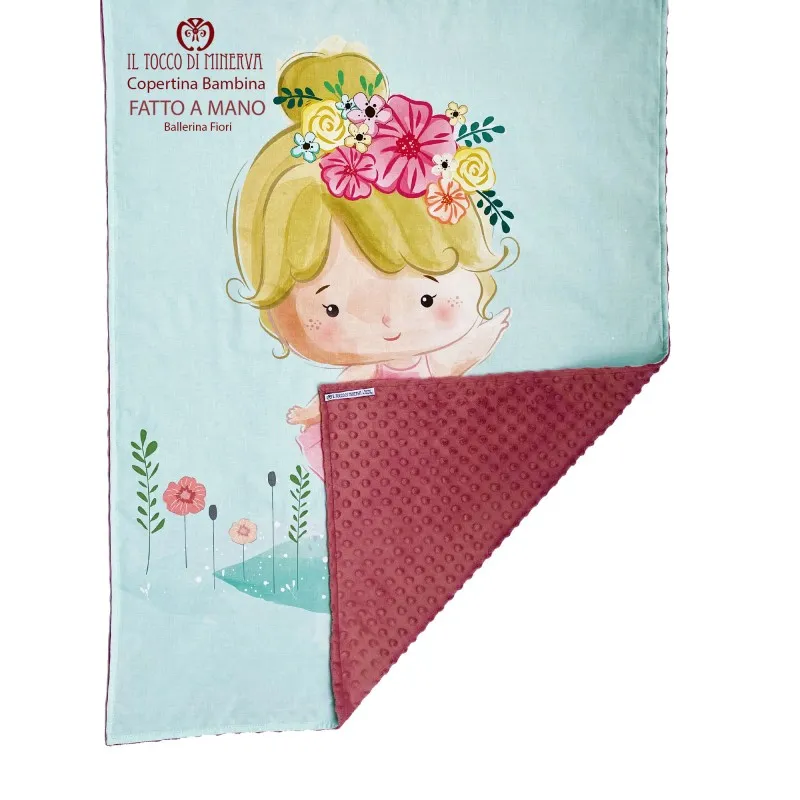 Copertina Bambina in Pile rosa antico e Cotone Ballerina Fiori - Fatto a Mano