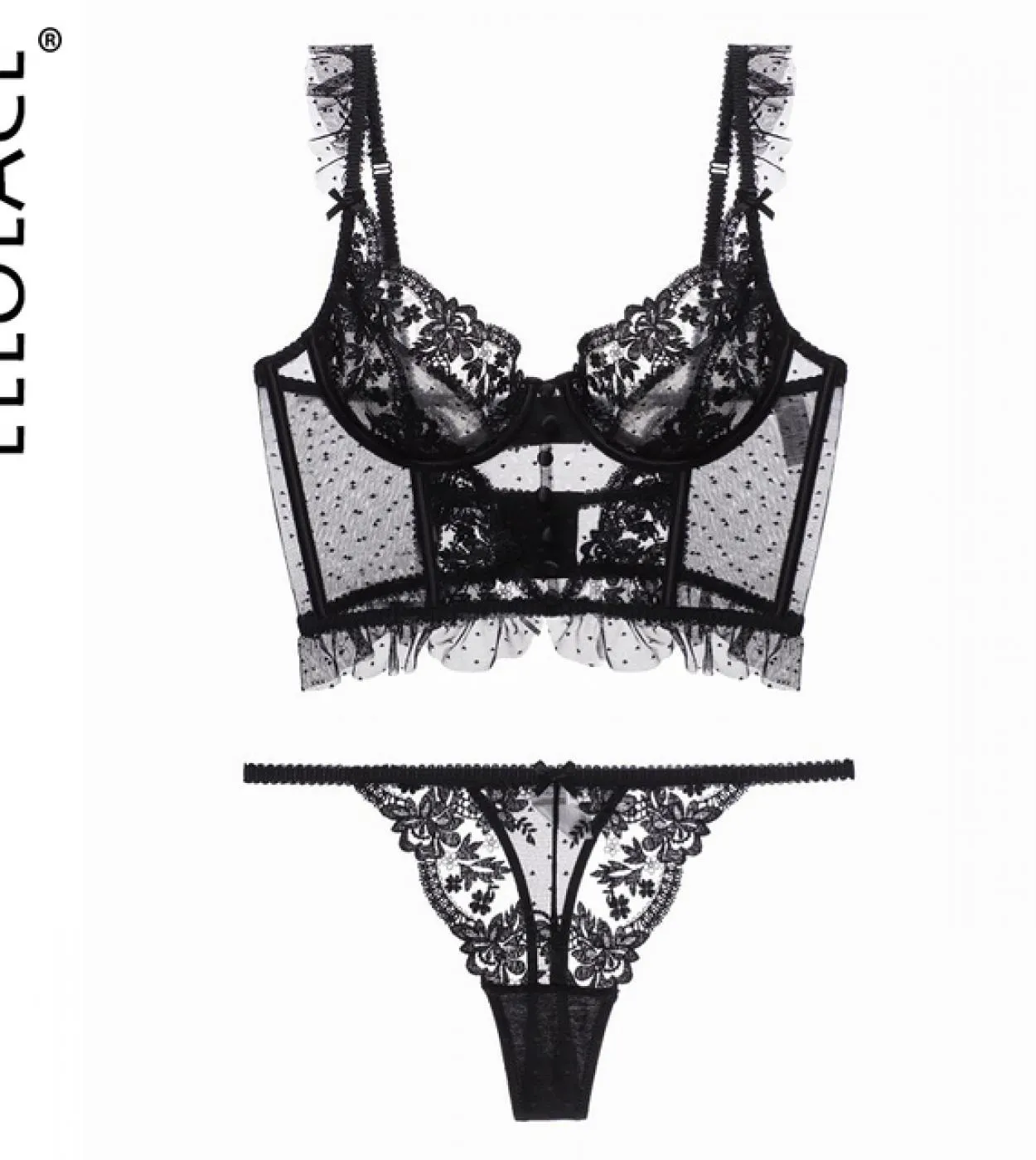 Ellolace Fancy Lingerie Lace Ruffles Reggiseno trasparente Ricamo Biancheria intima femminile Abiti senza cuciture di alta quali