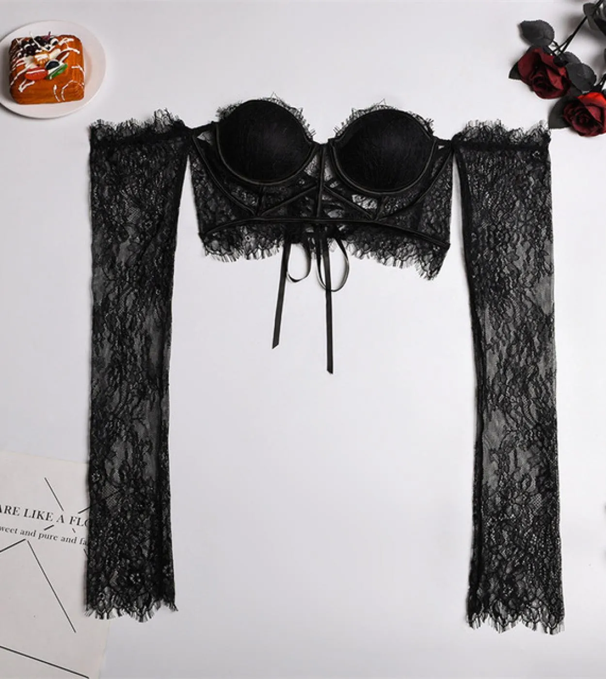 Ellolace Top con spalle scoperte Lingerie sensuale Bralette Intimo da donna a maniche lunghe caldo Reggiseno imbottito con ferre