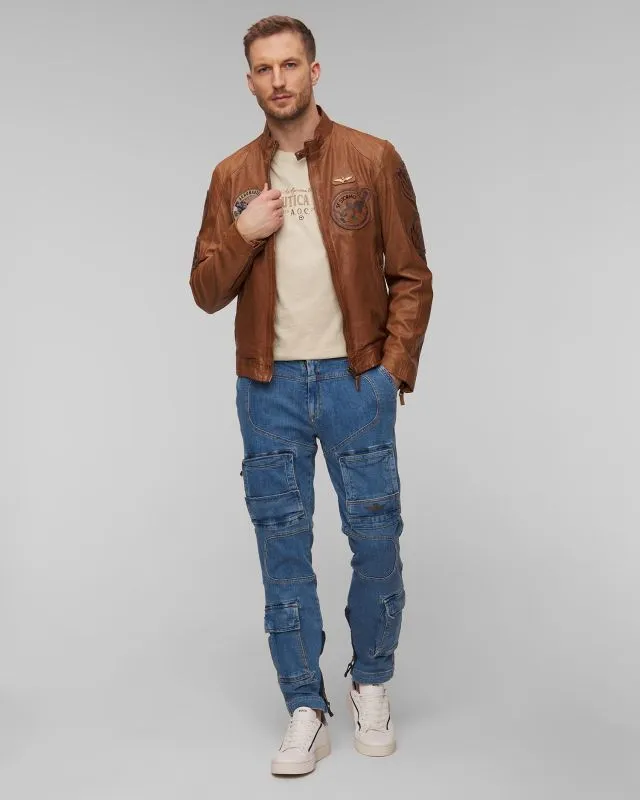 Giacca marrone in pelle da uomo Aeronautica Militare