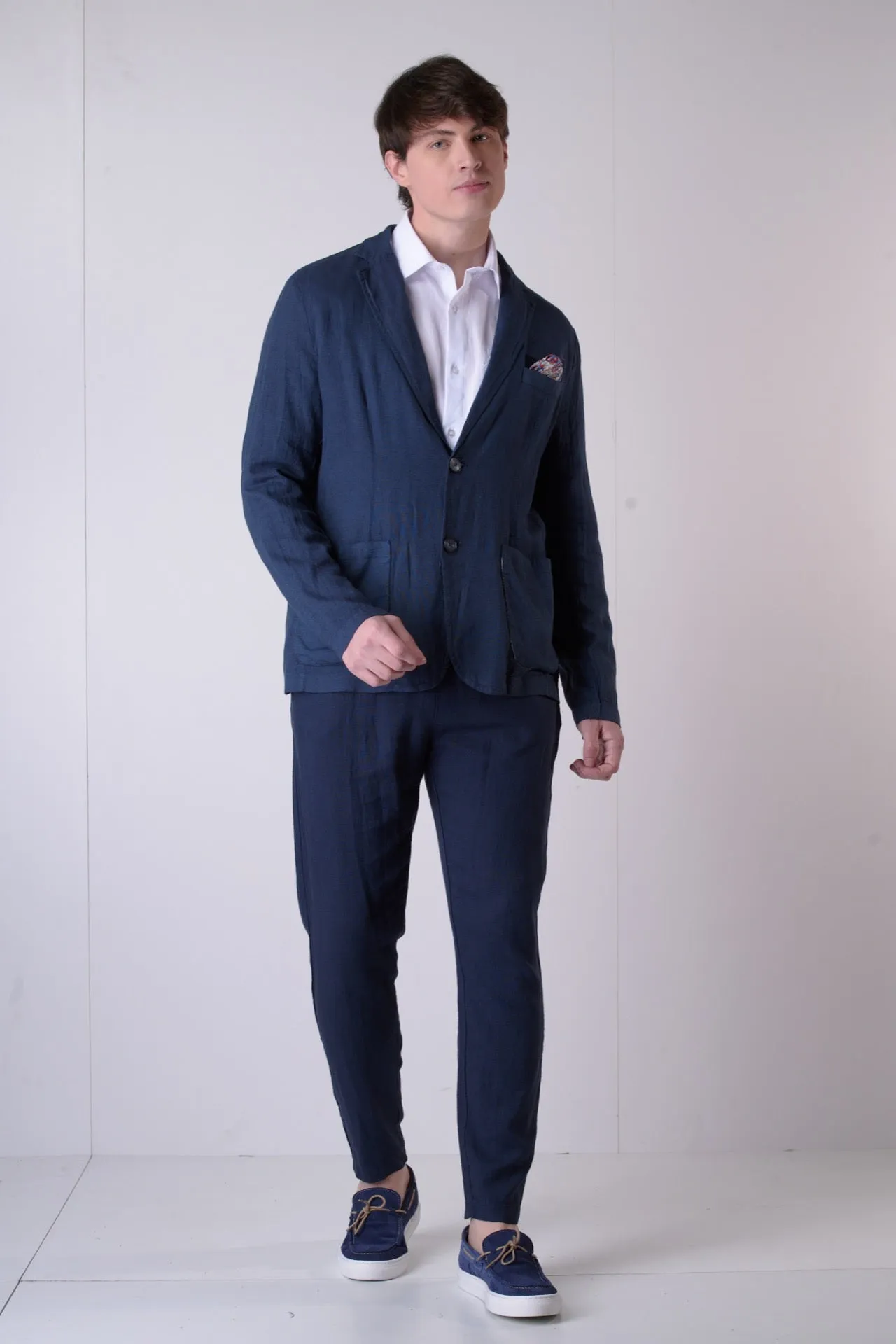 Giacca Sartoriale Monopetto in lino Blu con interni e pochette in tessuto V2