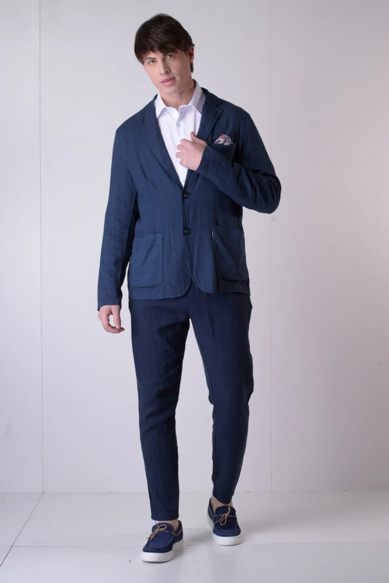 Giacca Sartoriale Monopetto in lino Blu con interni e pochette in tessuto V2