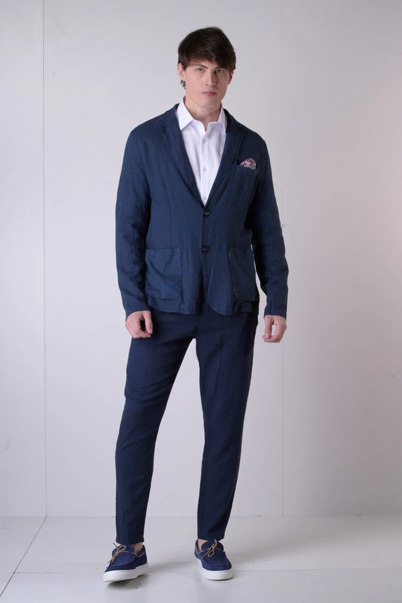 Giacca Sartoriale Monopetto in lino Blu con interni e pochette in tessuto V2