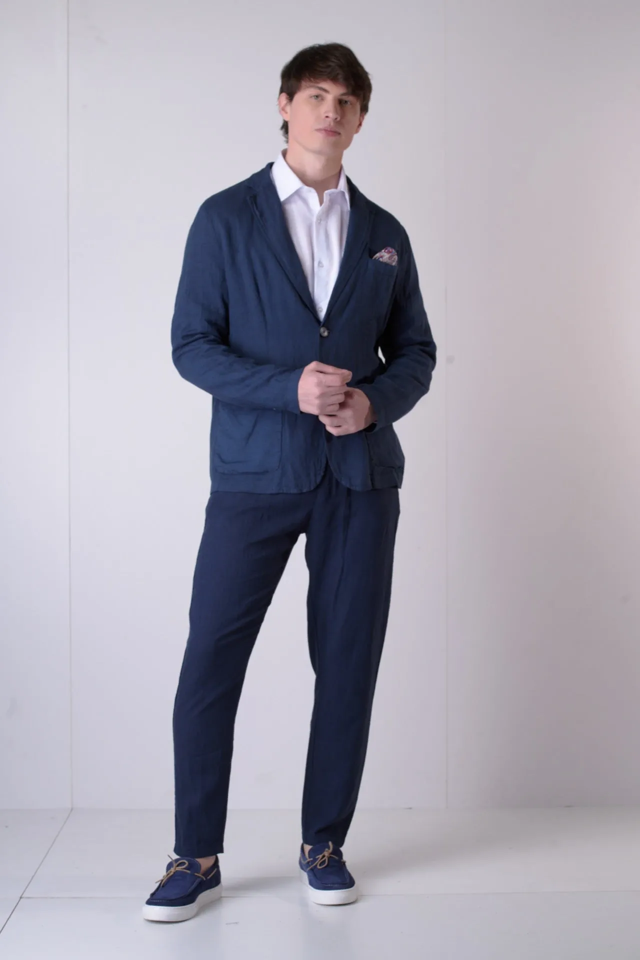 Giacca Sartoriale Monopetto in lino Blu con interni e pochette in tessuto V2