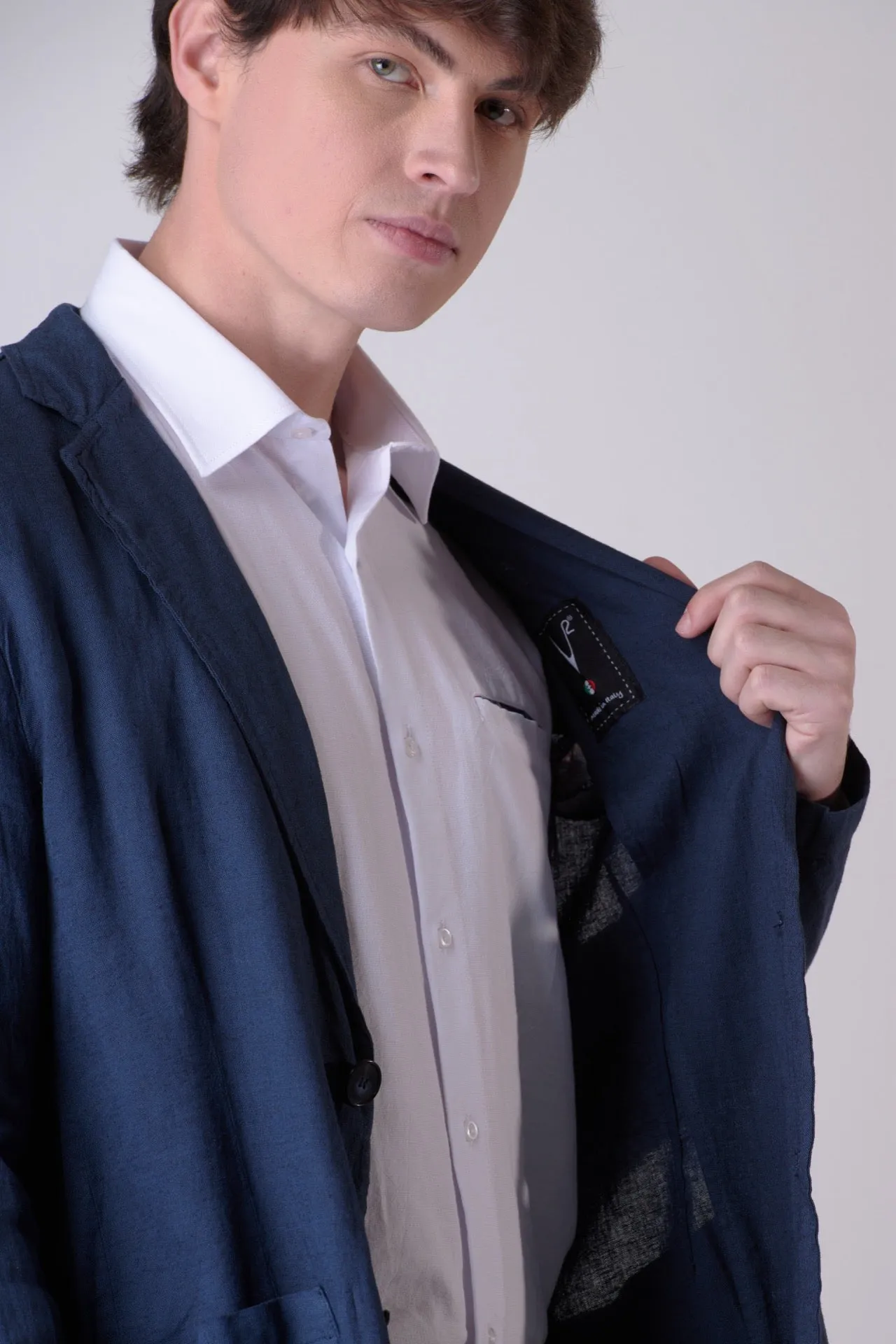 Giacca Sartoriale Monopetto in lino Blu con interni e pochette in tessuto V2