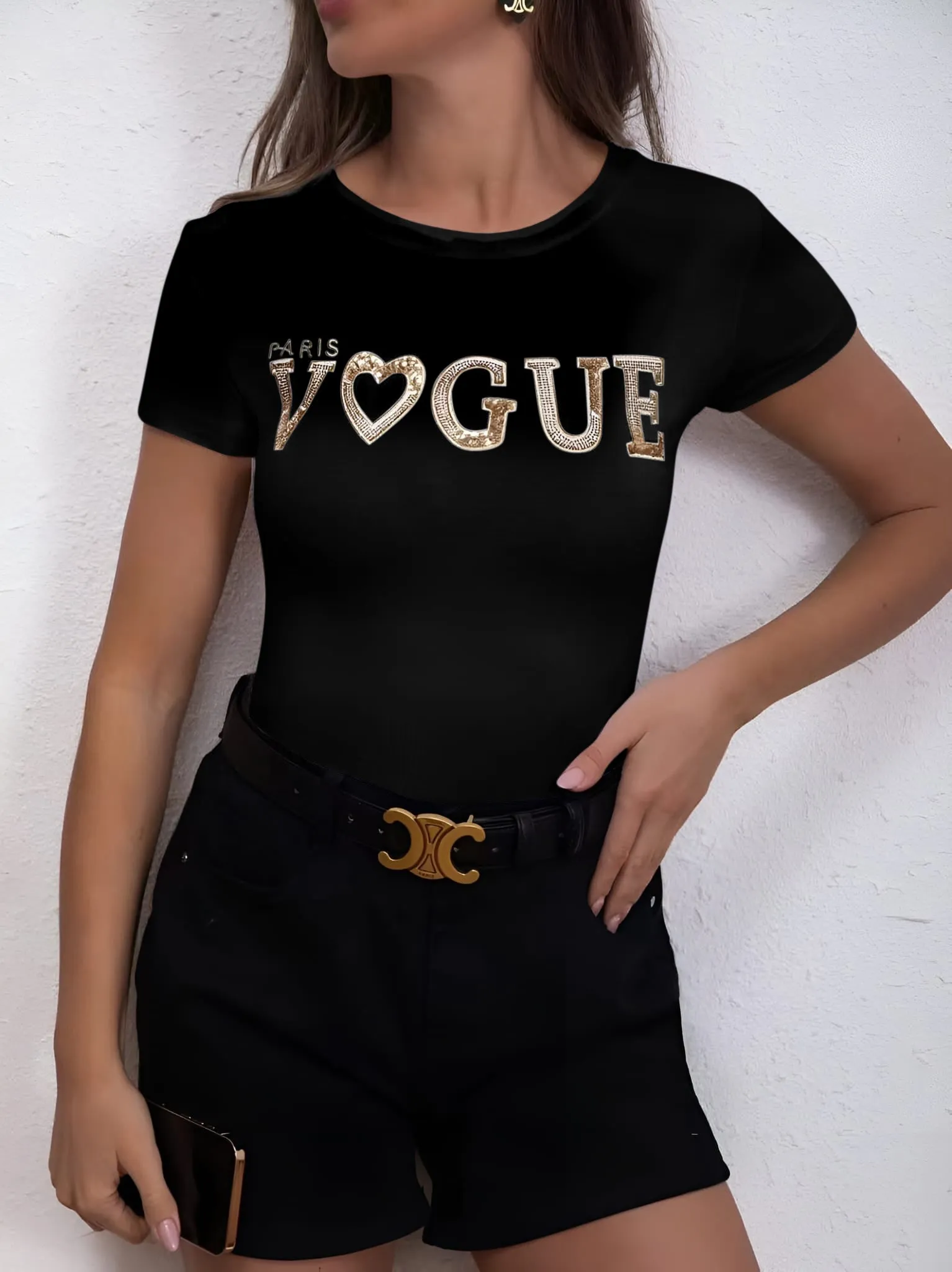Maglia Donna Aderente Stampa Strass Gioiello Comoda Casual Elegante