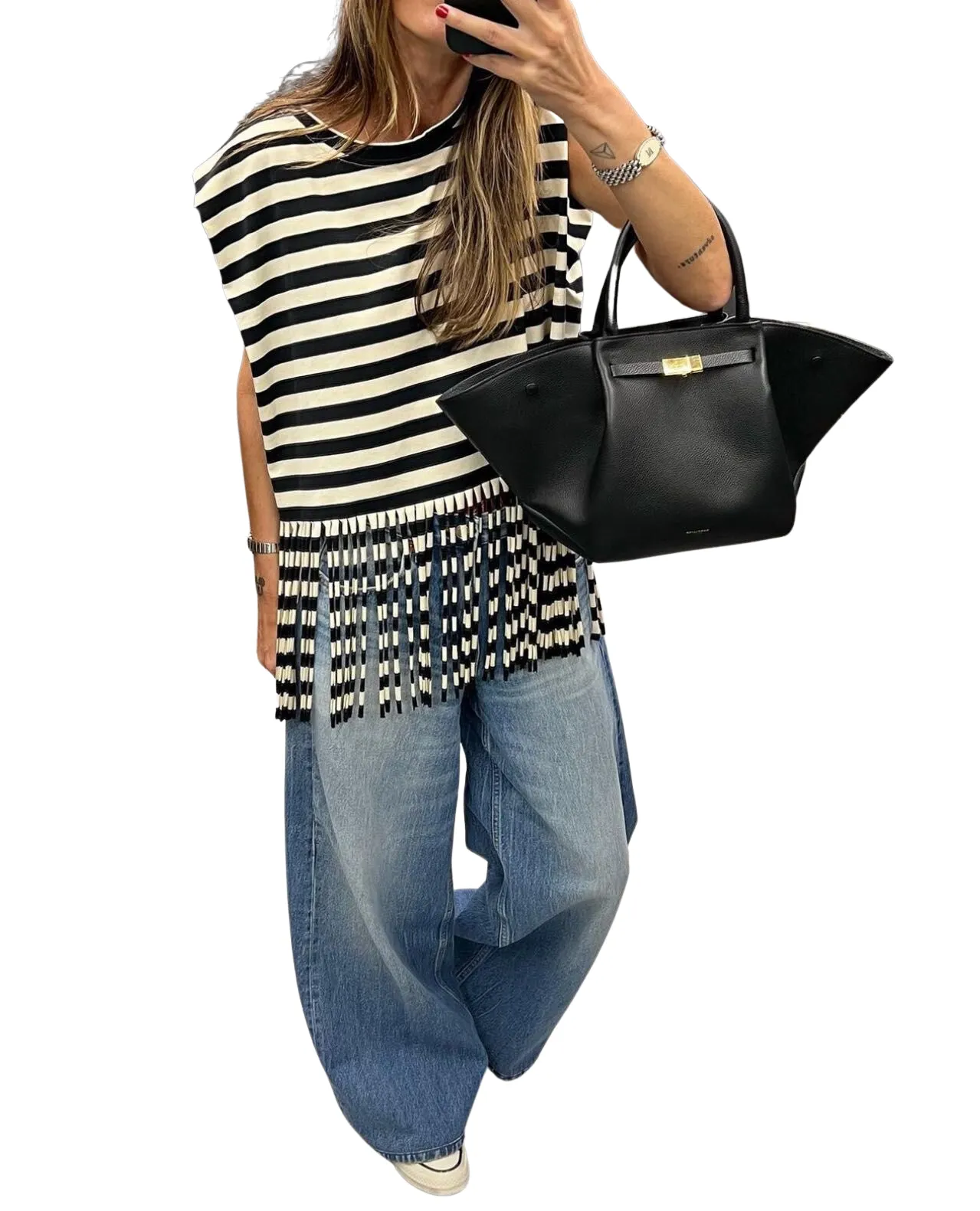 Maglia Donna Girocollo Giromanica Fantasia Righe Bicolore Frange Comoda Casual