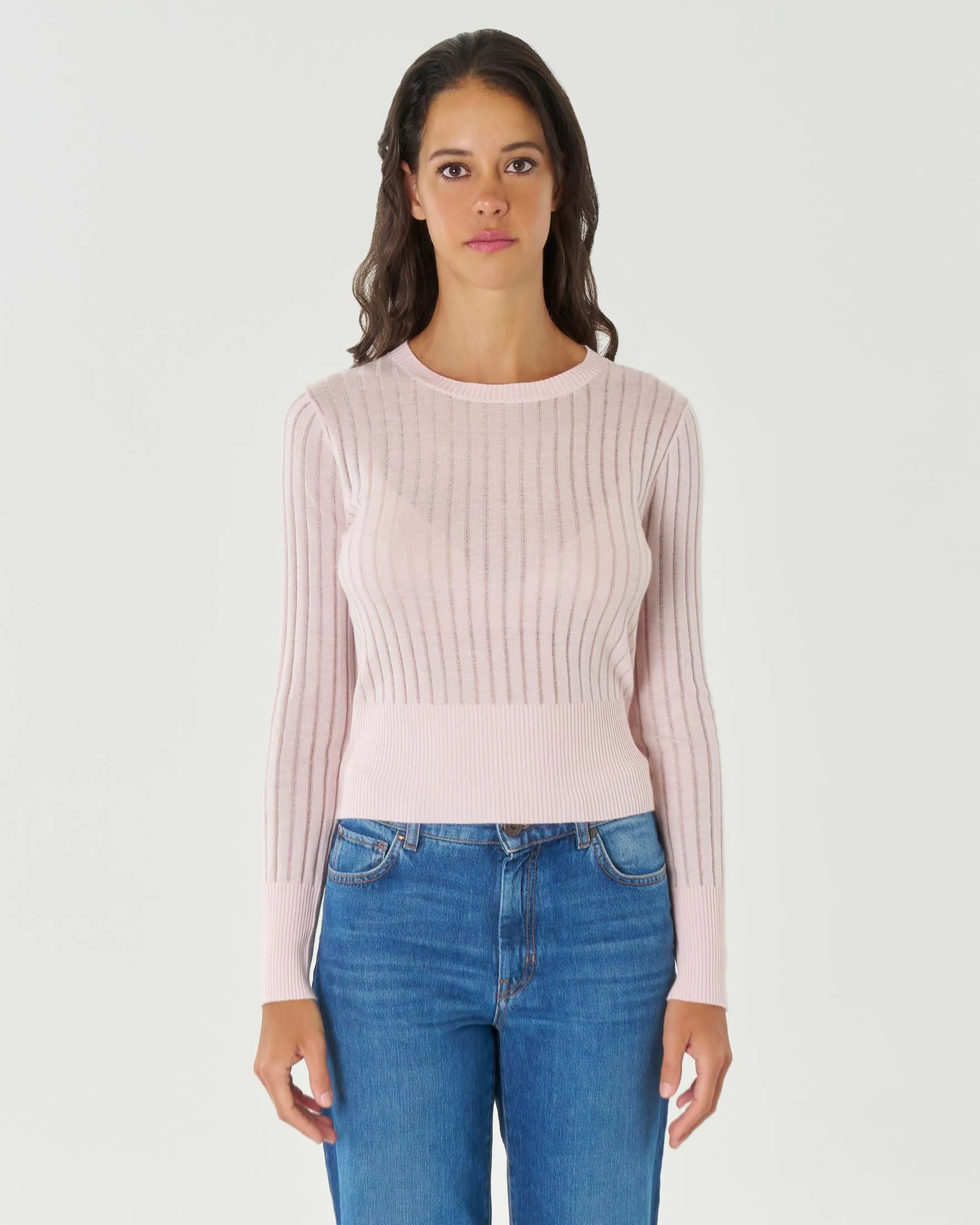 Maglia girocollo rosa cipria in seta e lana a coste effetto semi trasparente